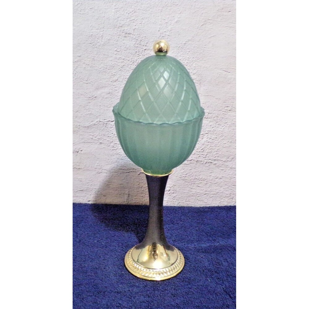 Avon Green Glass Egg on Pedestal Jar Gold Accents 1968 Vintage